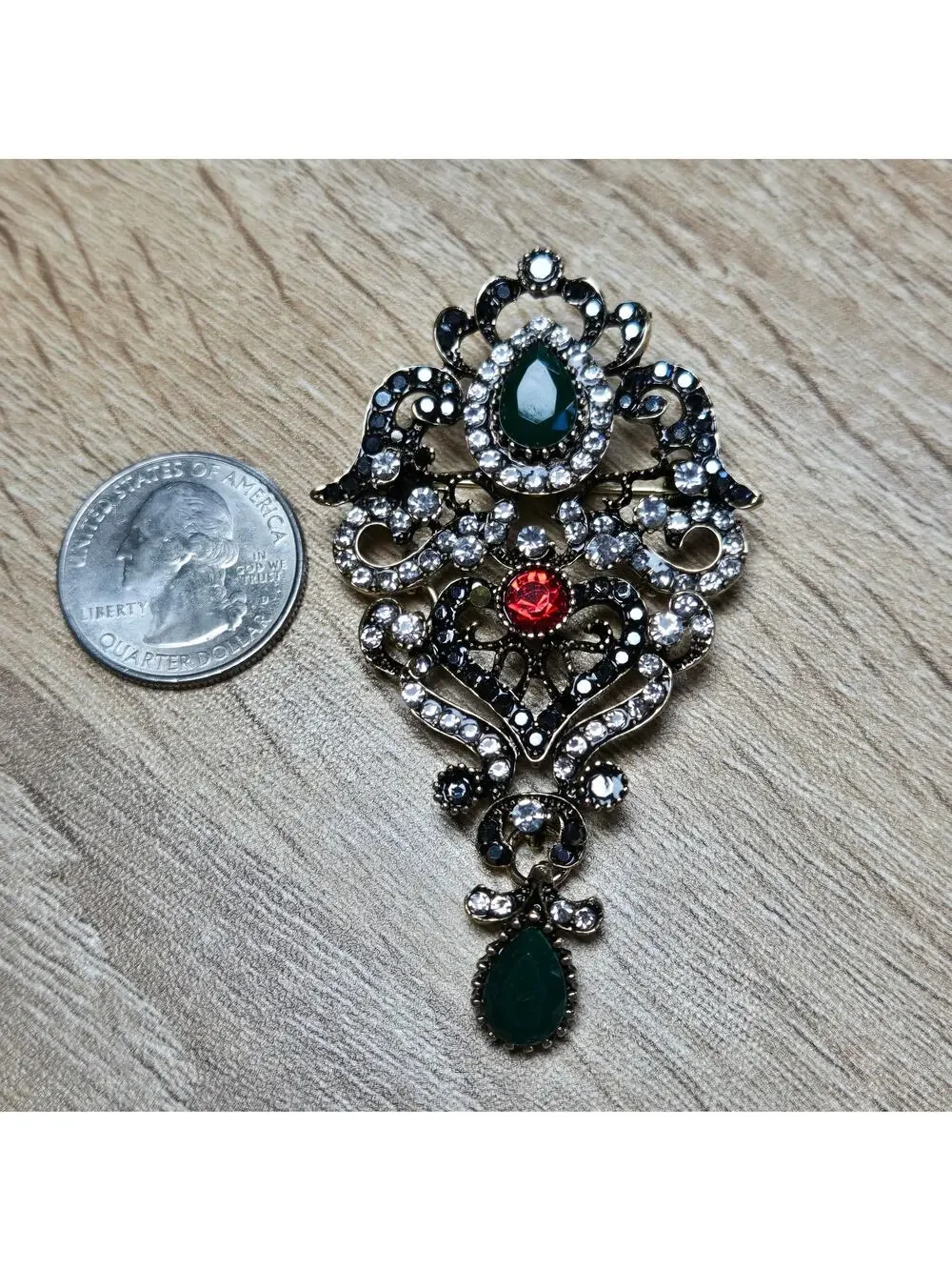 Ornate Baroque-Style Jewel Brooch with Emerald & Ruby Stones